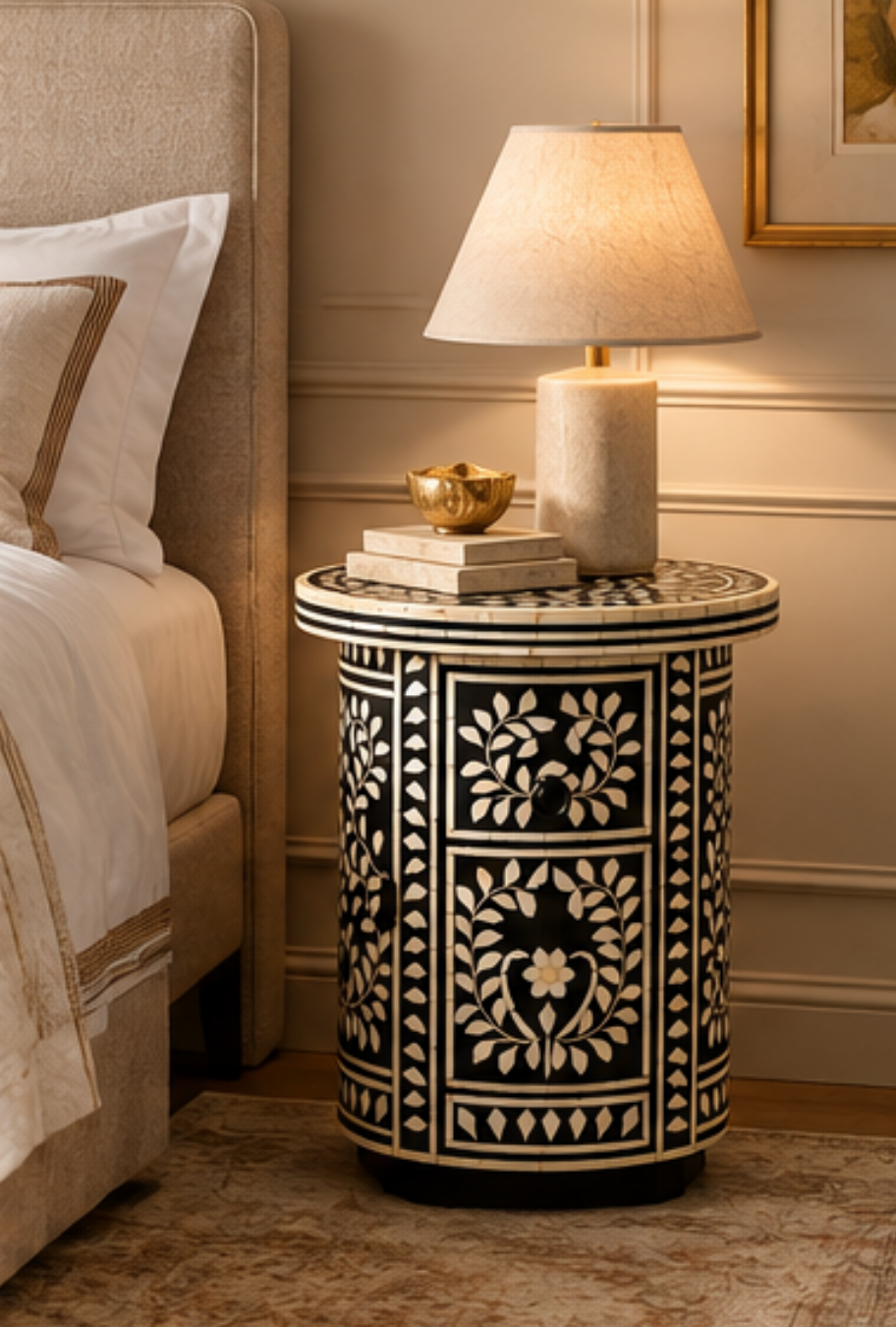 Black and White Floral Bone Inlay Round Side Table