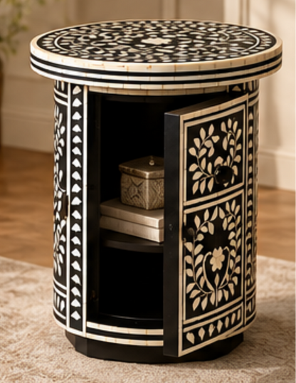 Black and White Floral Bone Inlay Round Side Table