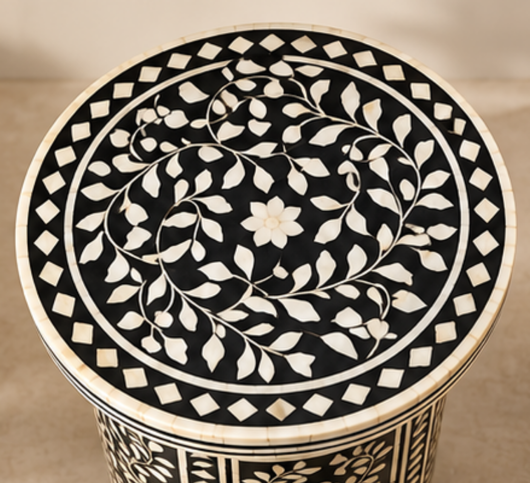 Black and White Floral Bone Inlay Round Side Table