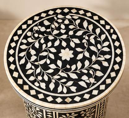 Black and White Floral Bone Inlay Round Side Table