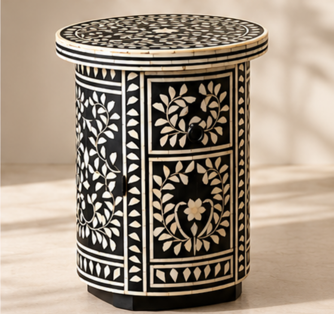 Black and White Floral Bone Inlay Round Side Table