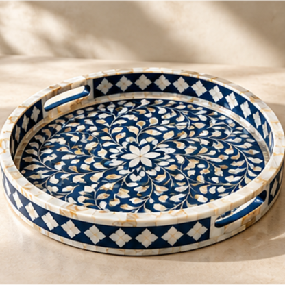 Royal Blue mother of pearl inlay decorative tray handcrafted luxury serving and accent tray