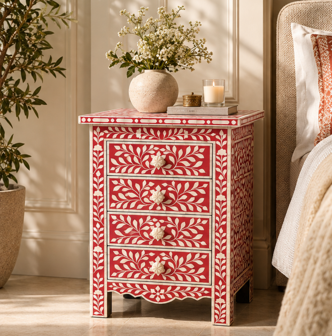 Handmade Floral Bone Inlay Nightstand with Three Drawers