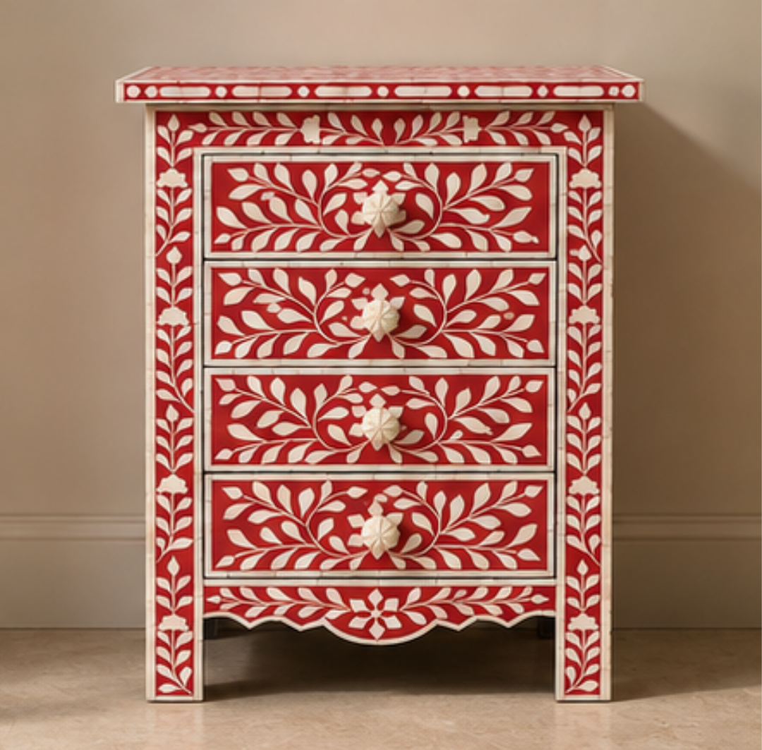 Handmade Floral Bone Inlay Nightstand with Three Drawers