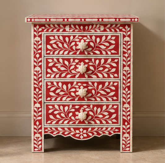 Handmade Floral Bone Inlay Nightstand with Three Drawers