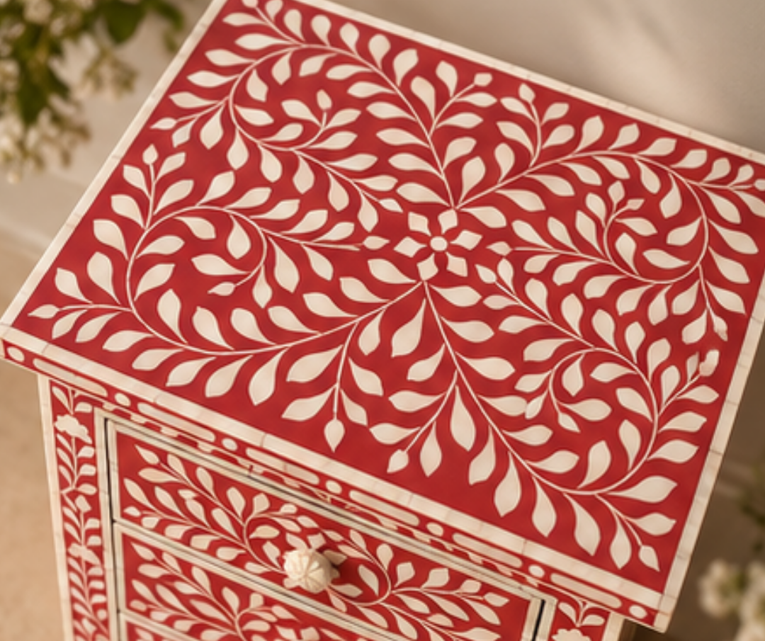 Handmade Floral Bone Inlay Nightstand with Three Drawers