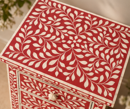 Handmade Floral Bone Inlay Nightstand with Three Drawers