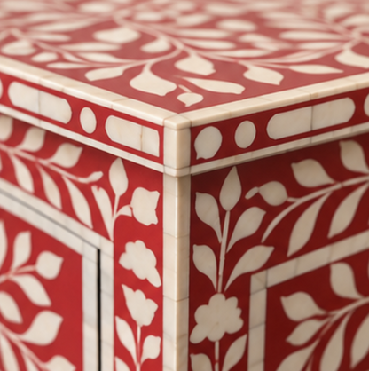 Handmade Floral Bone Inlay Nightstand with Three Drawers
