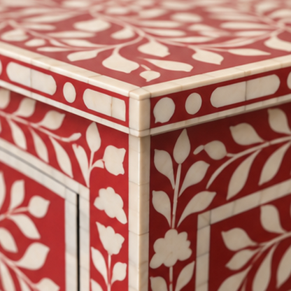Handmade Floral Bone Inlay Nightstand with Three Drawers