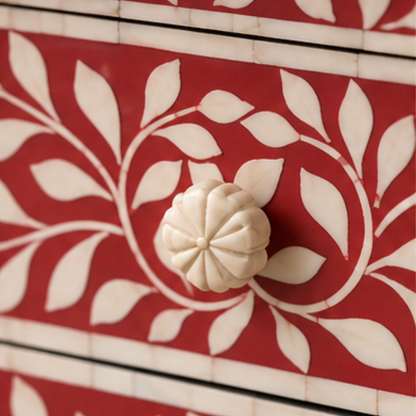 Handmade Floral Bone Inlay Nightstand with Three Drawers