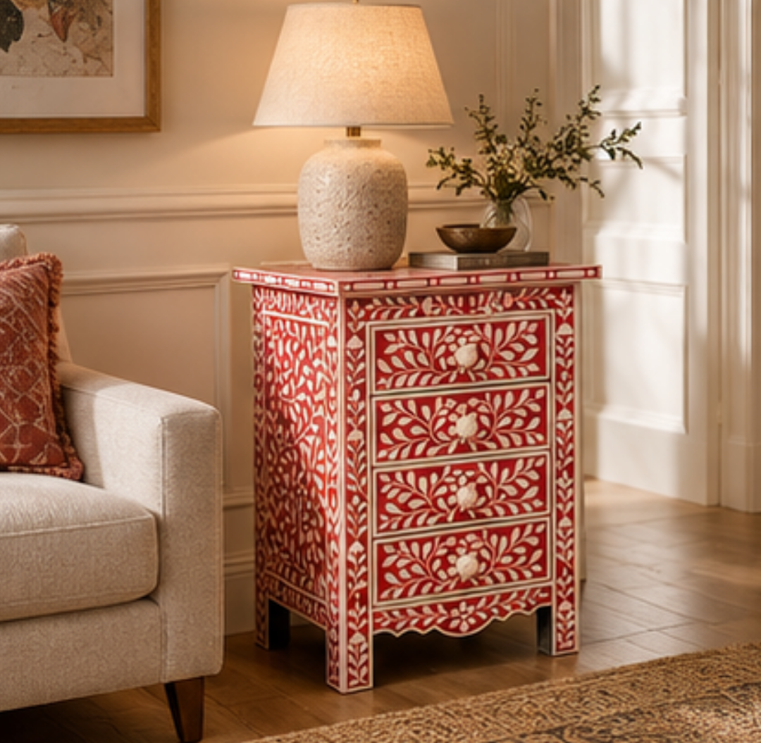Handmade Floral Bone Inlay Nightstand with Three Drawers