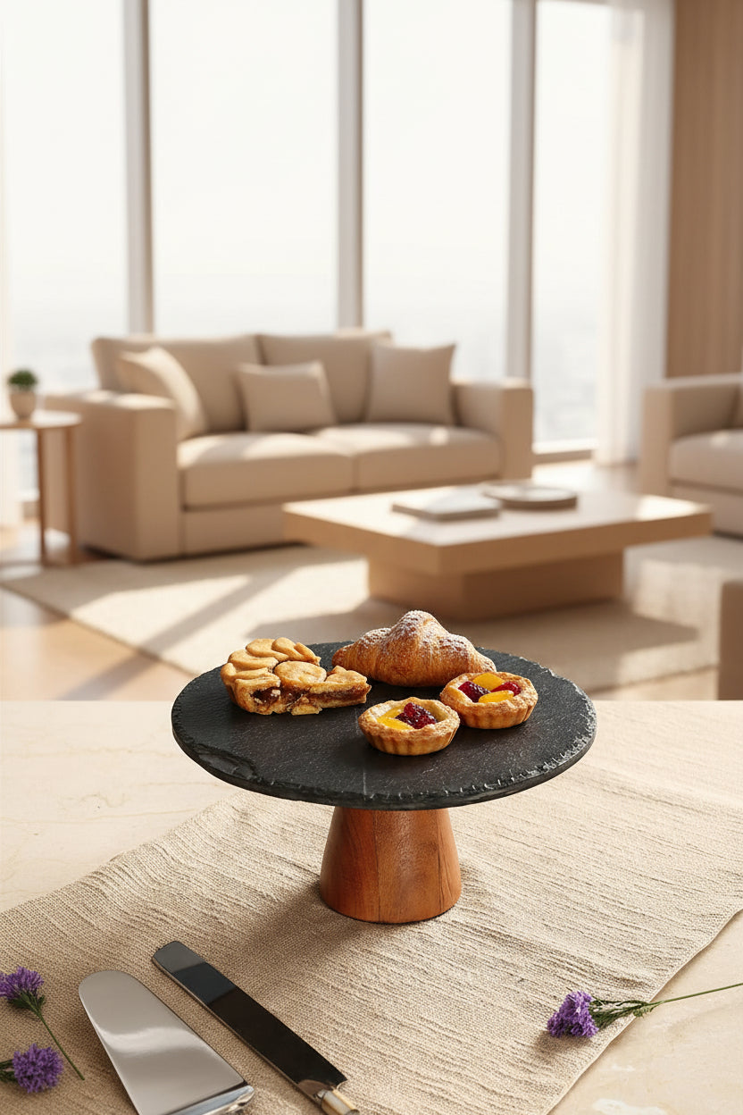 Black stone cake stand with wooden base on a textured surface