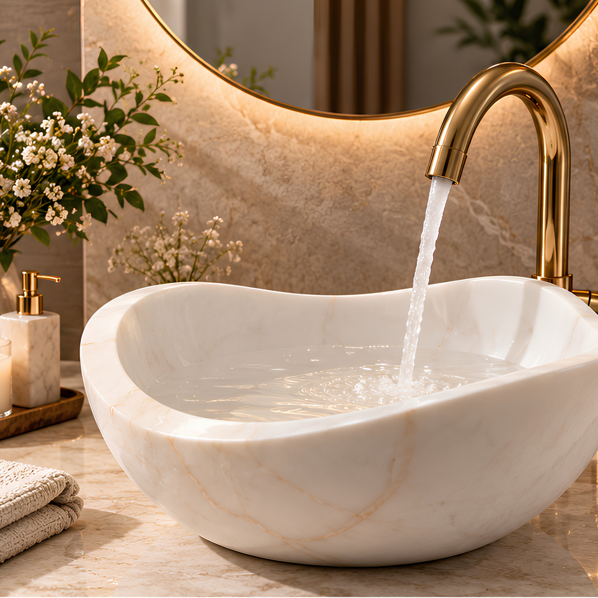 Coastal Waves marble vessel sink handcrafted natural stone countertop wash basin