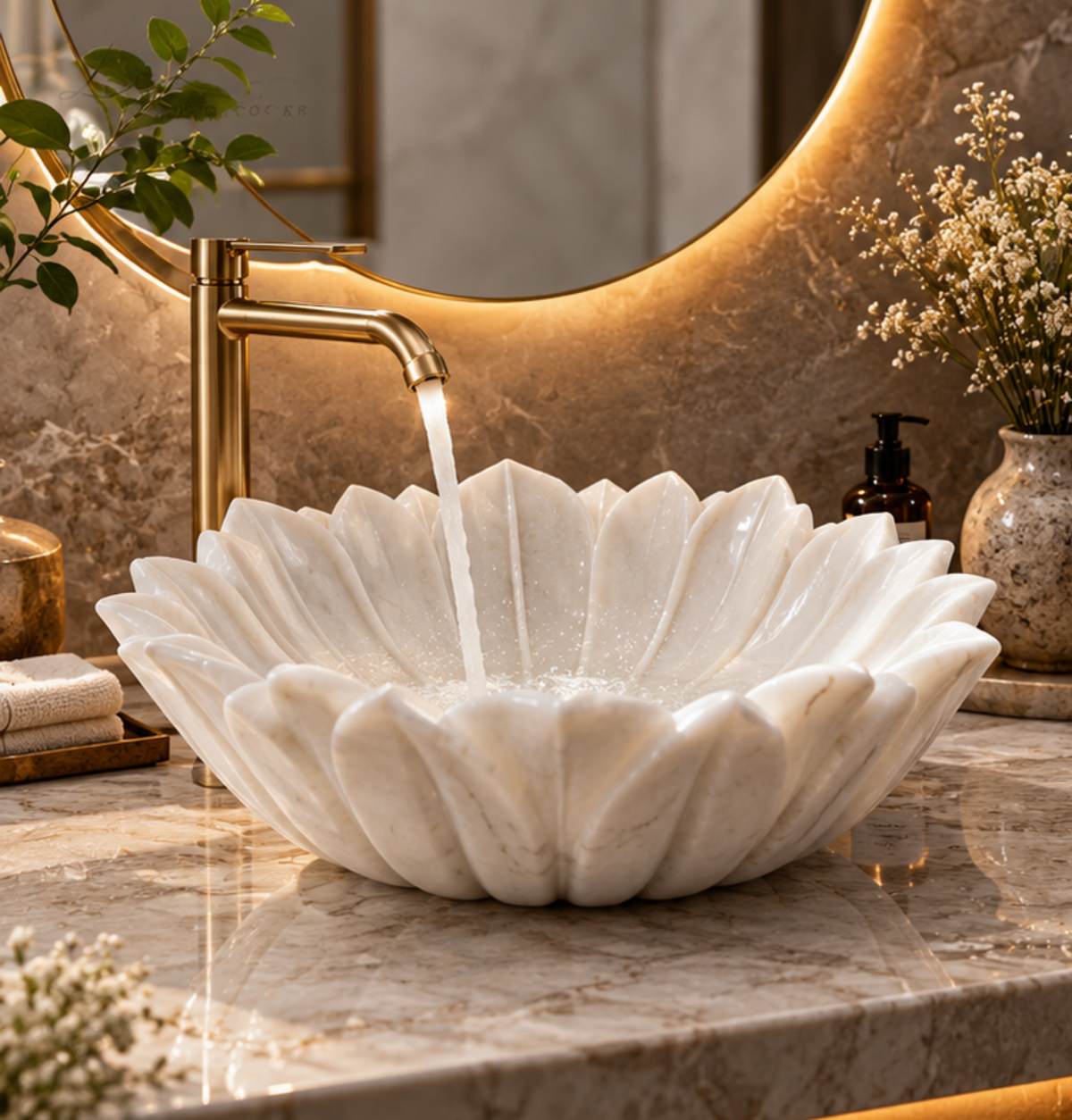 White marble floral vessel sink hand-carved natural stone countertop wash basin for luxury bathroom