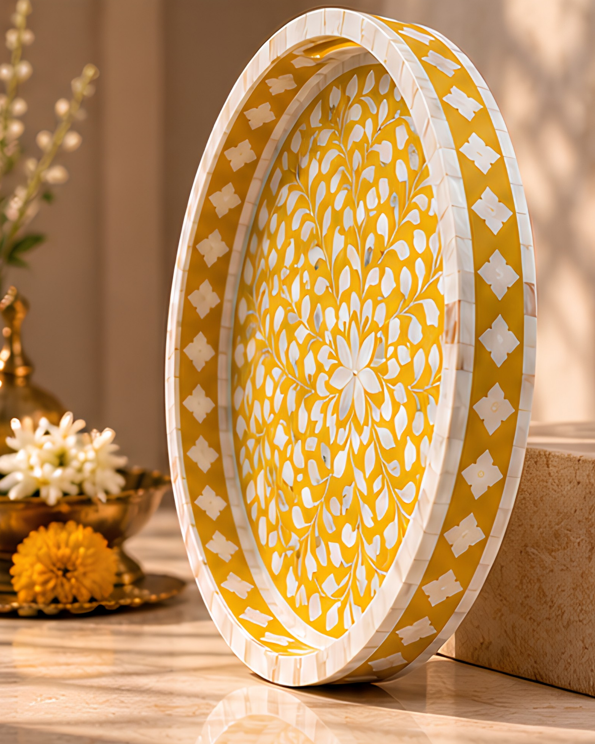 Golden Mustard mother of pearl inlay decorative tray