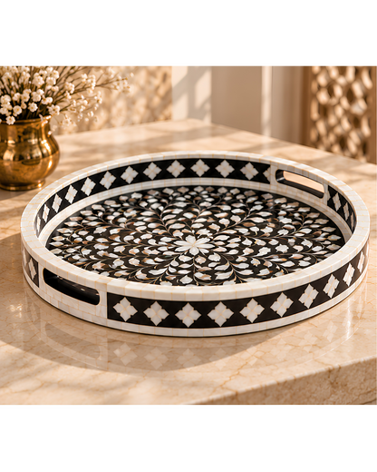 Midnight Black Mother of Pearl Inlay Round Serving Tray