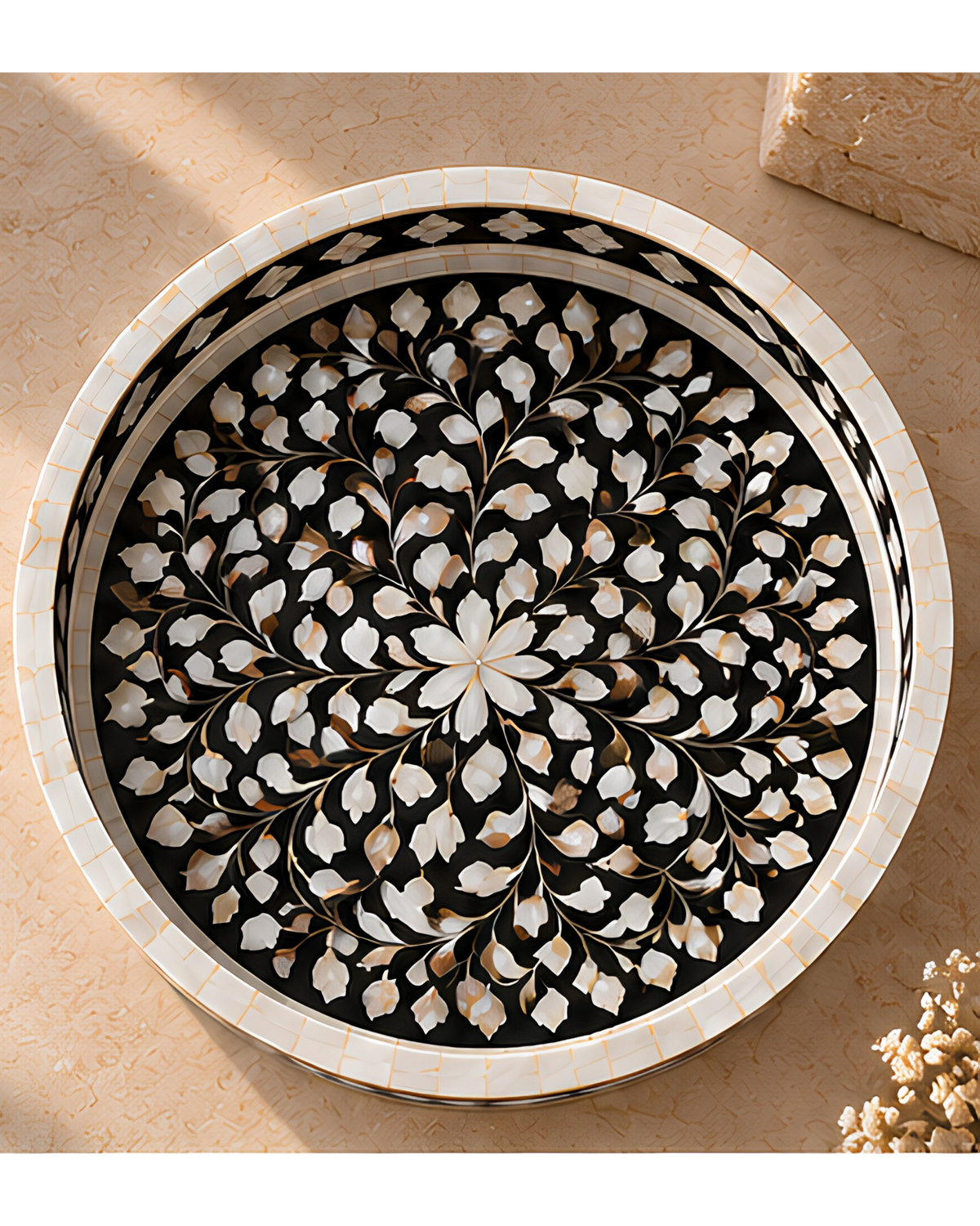 Midnight Black Mother of Pearl Inlay Round Serving Tray