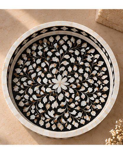 Midnight Black Mother of Pearl Inlay Round Serving Tray