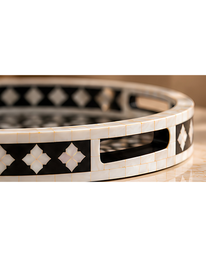 Midnight Black Mother of Pearl Inlay Round Serving Tray