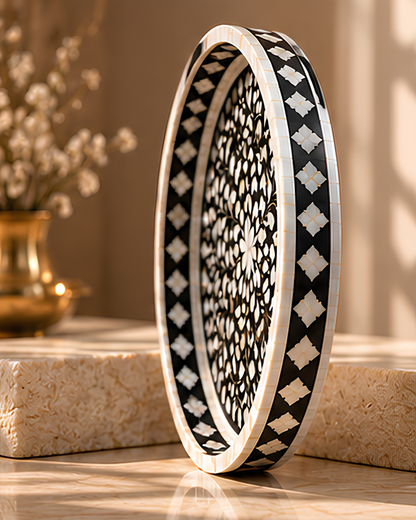 Midnight Black Mother of Pearl Inlay Round Serving Tray