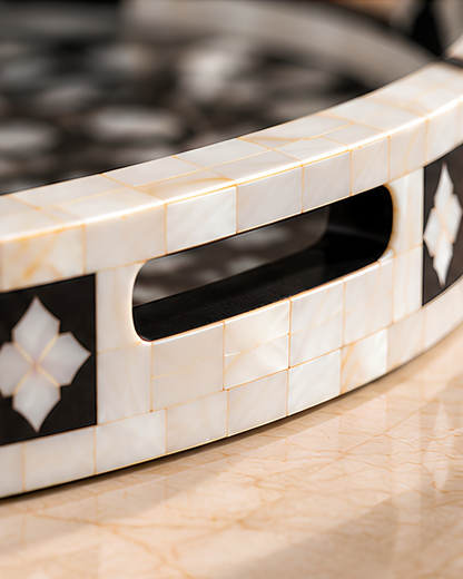 Midnight Black Mother of Pearl Inlay Round Serving Tray
