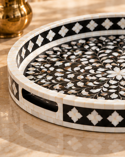 Midnight Black Mother of Pearl Inlay Round Serving Tray