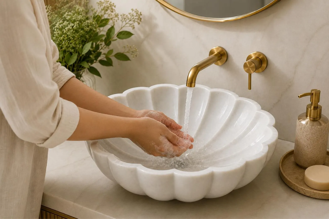 White Marble Petal Flower Vessel Sink
