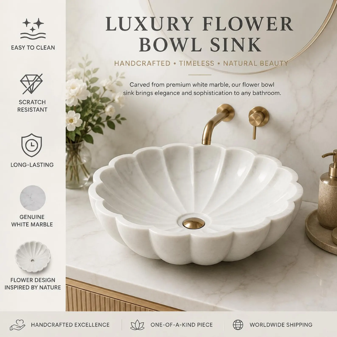 White Marble Petal Flower Vessel Sink