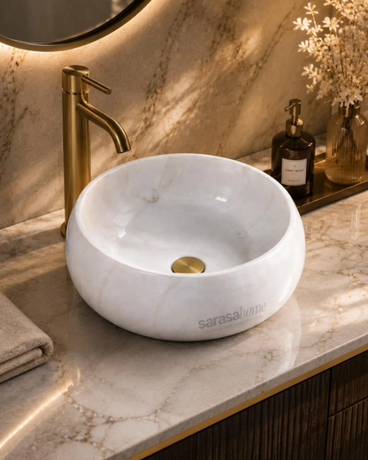 Handcrafted white marble vanity sink detail