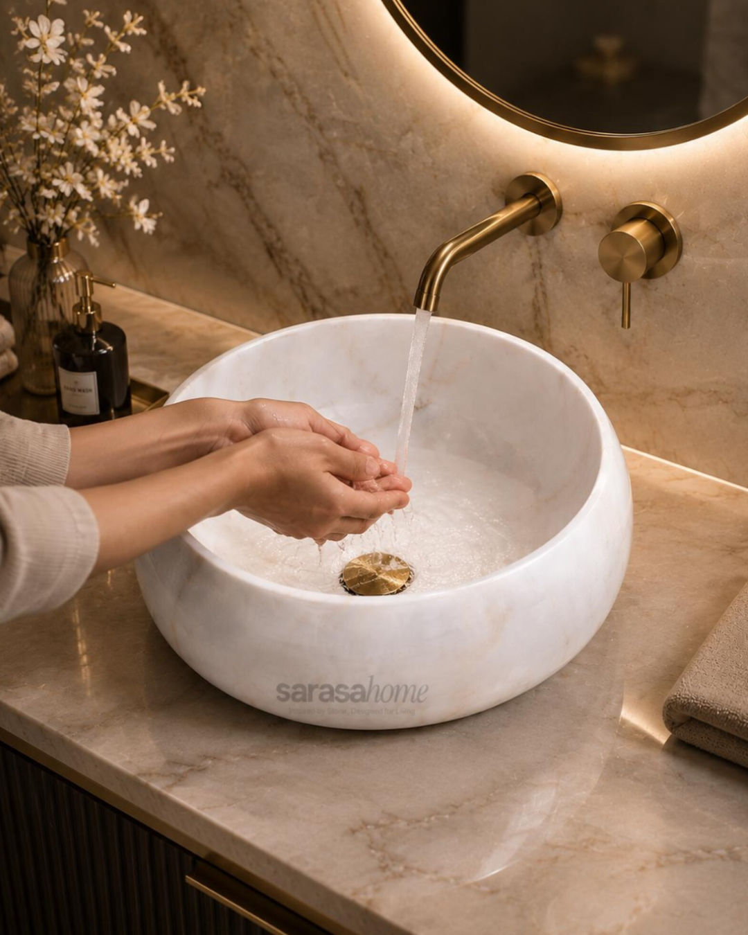 Hand-carved white marble countertop bathroom basin