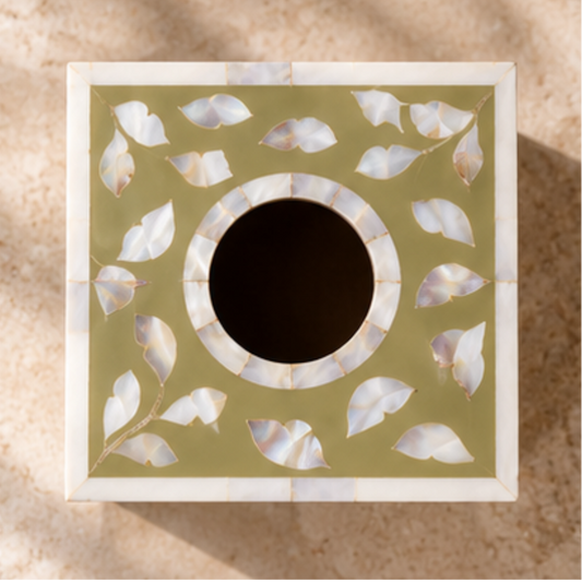Olive mother of pearl inlay tissue box cover with handcrafted floral design decorative tissue holder