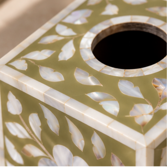 Olive mother of pearl inlay tissue box cover with handcrafted floral design decorative tissue holder