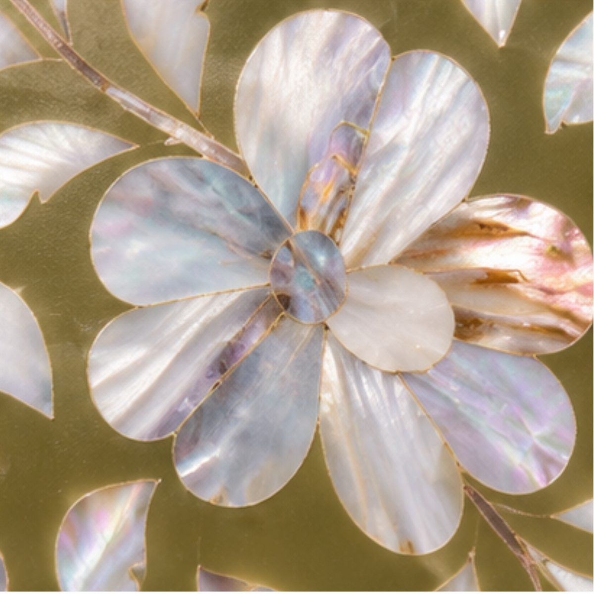 Olive mother of pearl inlay tissue box cover with handcrafted floral design decorative tissue holder