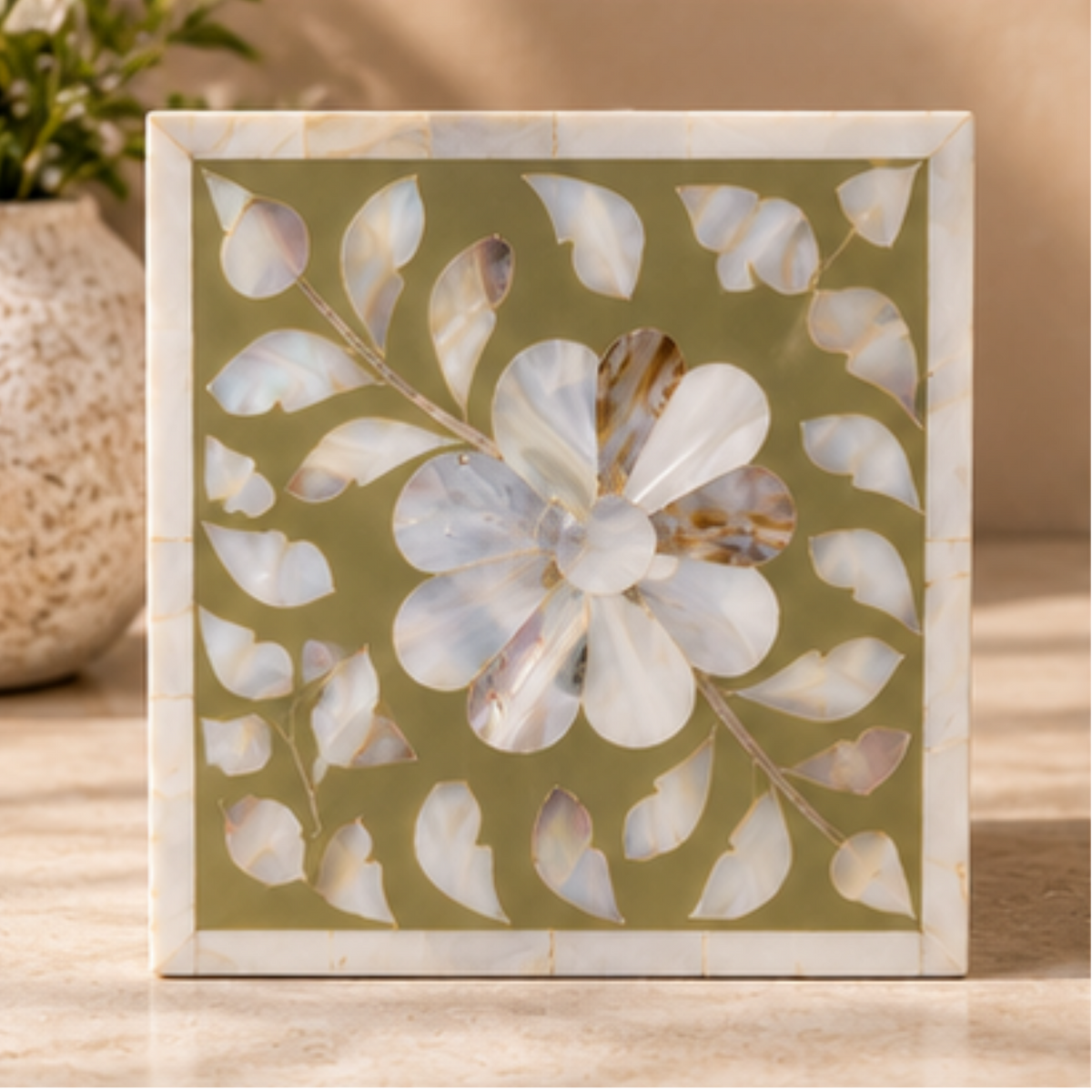 Olive mother of pearl inlay tissue box cover with handcrafted floral design decorative tissue holder