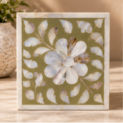 Olive mother of pearl inlay tissue box cover with handcrafted floral design decorative tissue holder