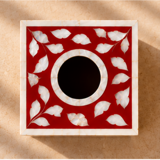Red mother of pearl inlay tissue box cover with handcrafted floral design decorative tissue holder