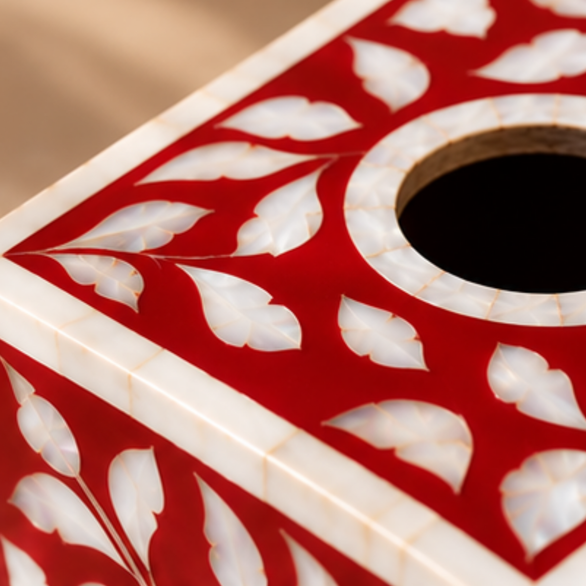Red mother of pearl inlay tissue box cover with handcrafted floral design decorative tissue holder