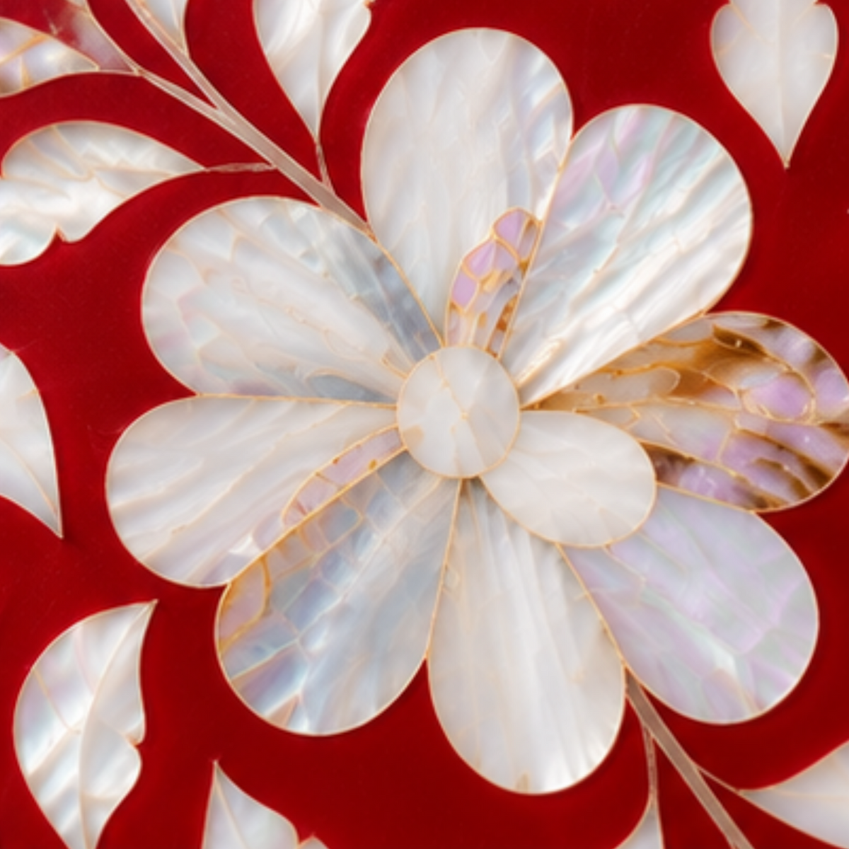 Red mother of pearl inlay tissue box cover with handcrafted floral design decorative tissue holder