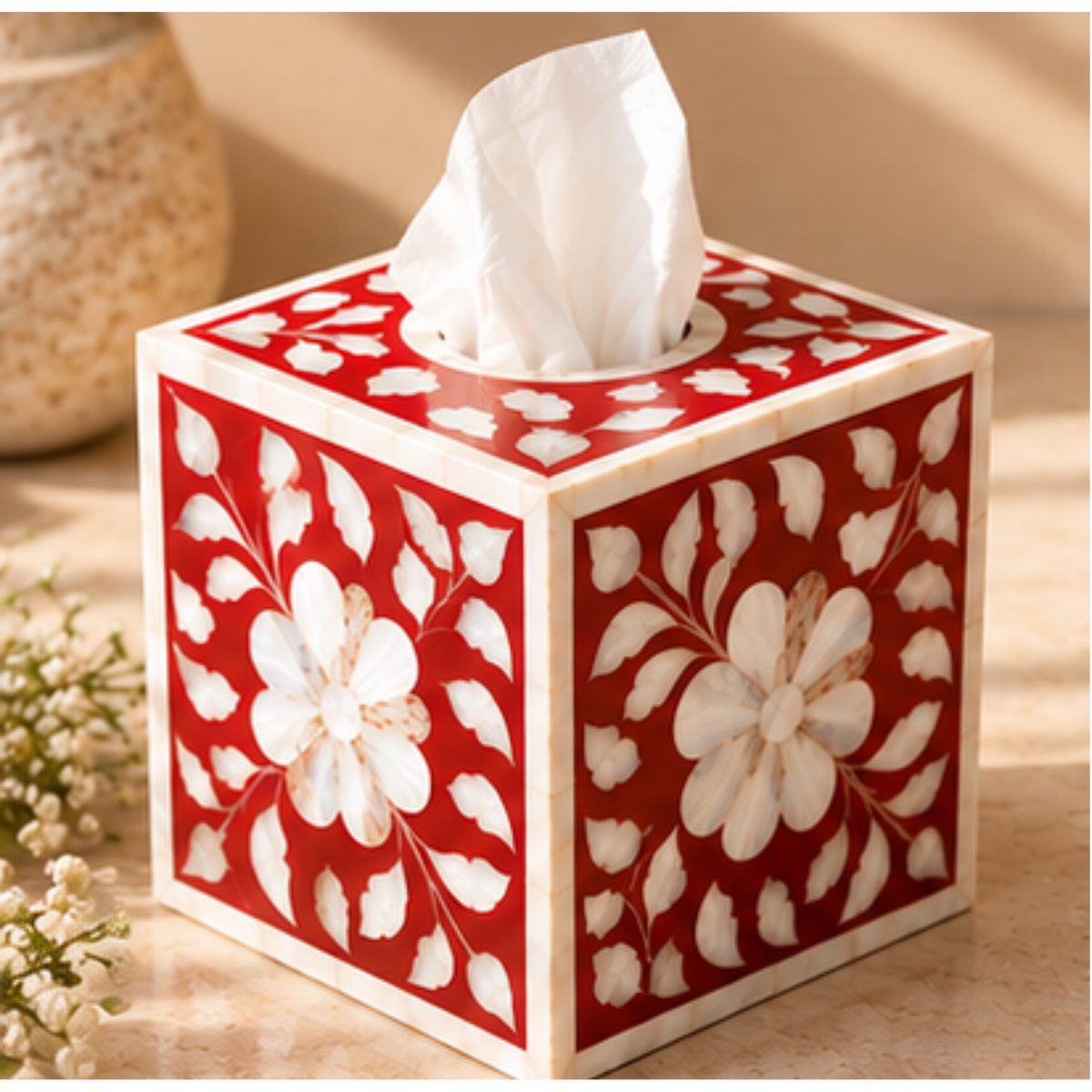 Red mother of pearl inlay tissue box cover with handcrafted floral design decorative tissue holder