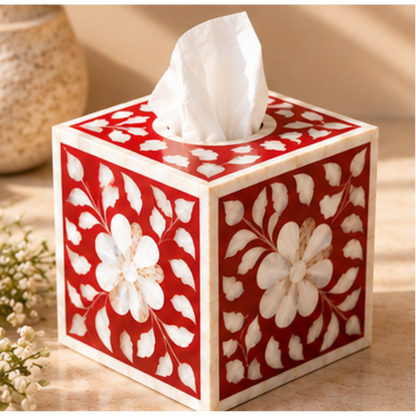 Red mother of pearl inlay tissue box cover with handcrafted floral design decorative tissue holder