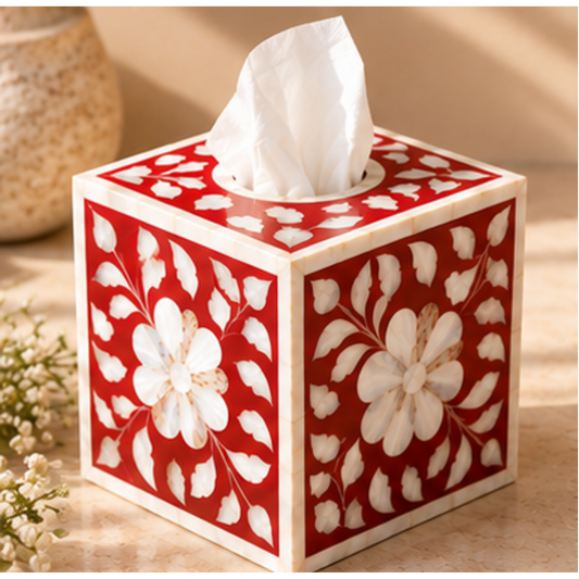 Red mother of pearl inlay tissue box cover with handcrafted floral design decorative tissue holder