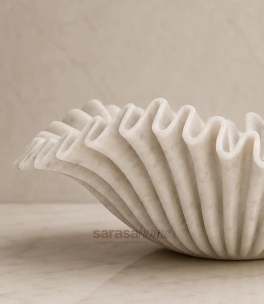 Handmade fluted white marble bathroom basin