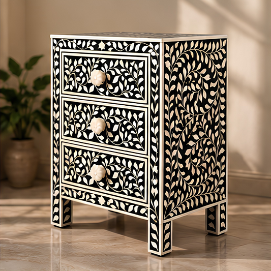Floral Bone Inlay Bedside Table with Three Drawers