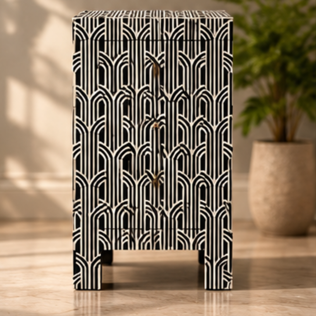Black and White Linear Bone Inlay Bedside Table with Two Drawers