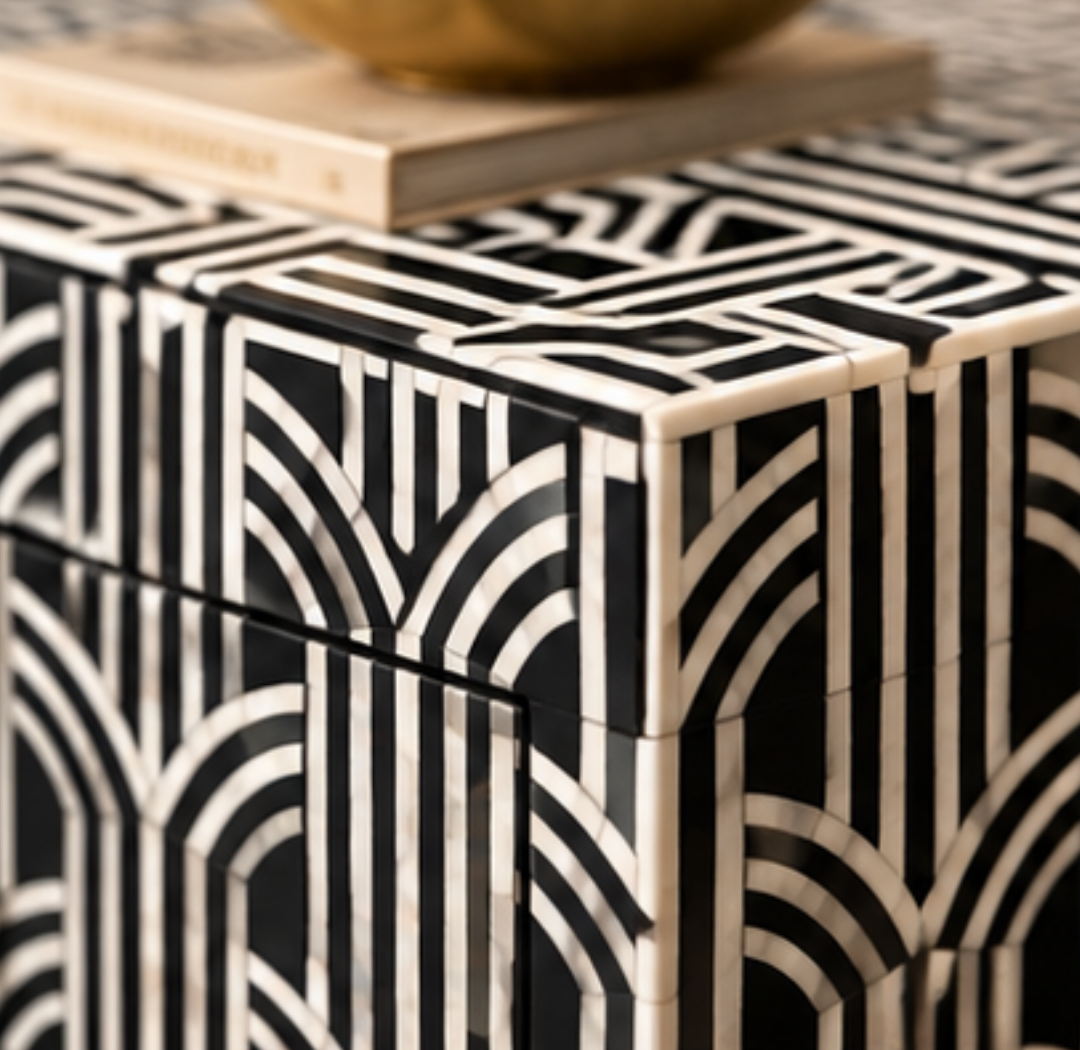 Black and White Linear Bone Inlay Bedside Table with Two Drawers