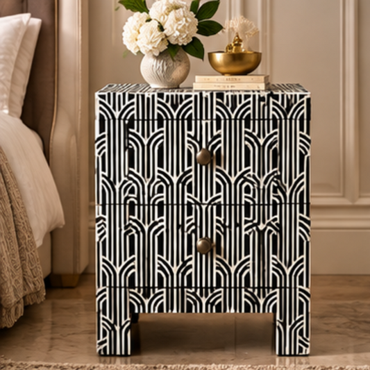 Black and White Linear Bone Inlay Bedside Table with Two Drawers