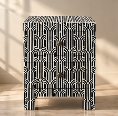Black and White Linear Bone Inlay Bedside Table with Two Drawers