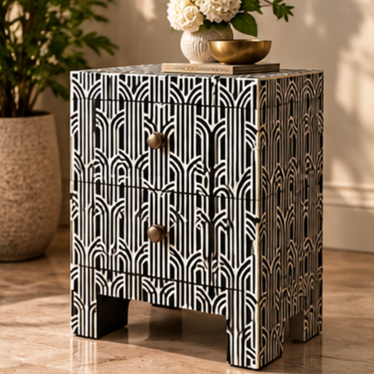 Black and White Linear Bone Inlay Bedside Table with Two Drawers