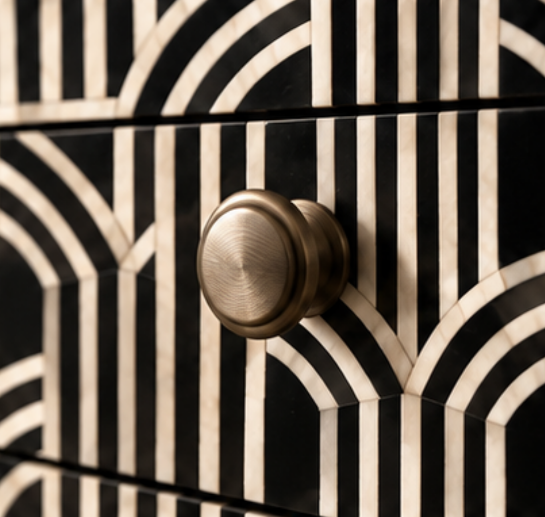 Black and White Linear Bone Inlay Bedside Table with Two Drawers