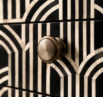 Black and White Linear Bone Inlay Bedside Table with Two Drawers